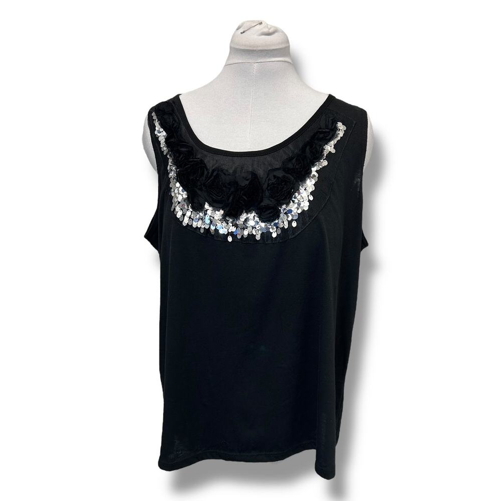 Pink Collection Women’s Sleeveless Tank with Satin and Sequin, Black, size 1X
